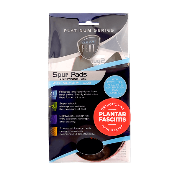 Platinum Series Spur Pads for Pressure Relief and Inflammation, displayed in mostly clear packaging with a blue label. The packaging highlights the product's design, showcasing its pressure relief and inflammation-reducing features.