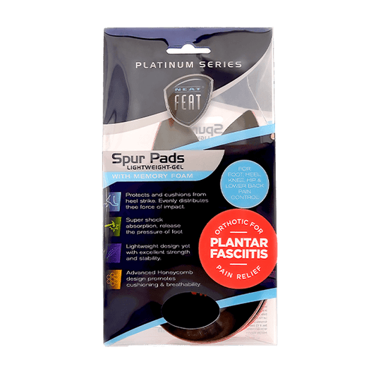 Platinum Series Spur Pads for Pressure Relief and Inflammation, displayed in mostly clear packaging with a blue label. The packaging highlights the product's design, showcasing its pressure relief and inflammation-reducing features.