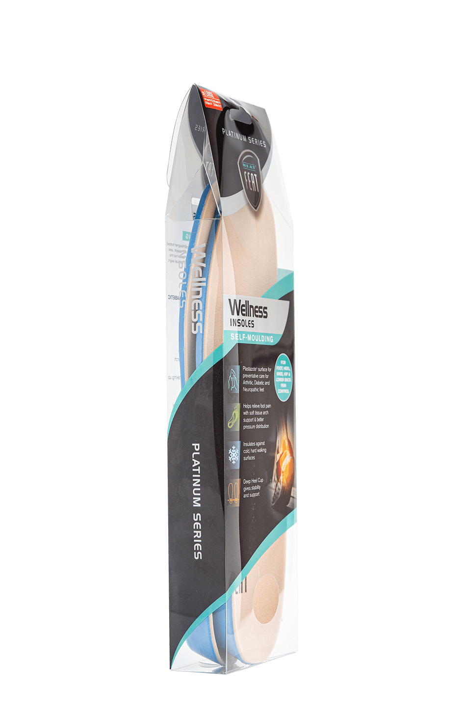 Platinum Series Wellness Self Moulding Insoles for Friction-Free Feet. The front of the box is mostly white with black font, captured from a more side-angle position, showcasing the product name and features in a clean, minimalist design.