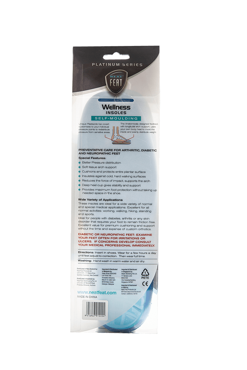 Platinum Series Wellness Self Moulding Insoles for Friction-Free Feet. The back of the box is mostly white with black font, displaying product details and information in a clean, minimalist design.