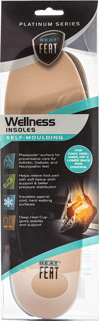 Platinum Series Wellness Self Moulding Insoles for Friction-Free Feet. Both pairs are displayed inside the clear box, with the insoles in a nude colour. The packaging features a mostly black label, highlighting the sleek design and comfort features of the insoles.