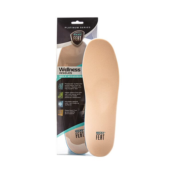 Platinum Series Wellness Self Moulding Insoles for Friction-Free Feet. The image shows both pairs: one out of the box and one in clear packaging with a mostly black label. The insoles are a nude colour, highlighting their sleek design and comfort features.
