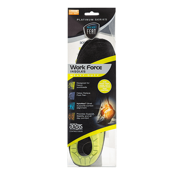 Platinum Series Work Force Insoles in clear, black, and yellow packaging, standing upright. The insoles' black and grey design with the white logo is visible through the packaging, showcasing their durability and comfort features.