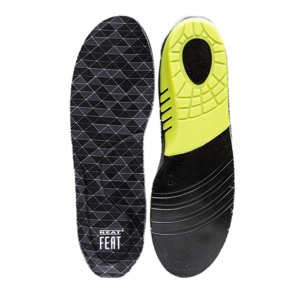 Platinum Series Work Force Insoles in black and grey with a white logo, both outside the packaging. One insole is flipped over to show the bottom, featuring a yellow and black design, highlighting the durability and support of the insoles.