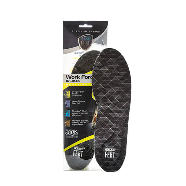 Platinum Series Work Force Insoles in black and grey with a white logo, displayed standing upright. A packaged version of the insoles is positioned behind, showcasing their durable design for maximum support and comfort.