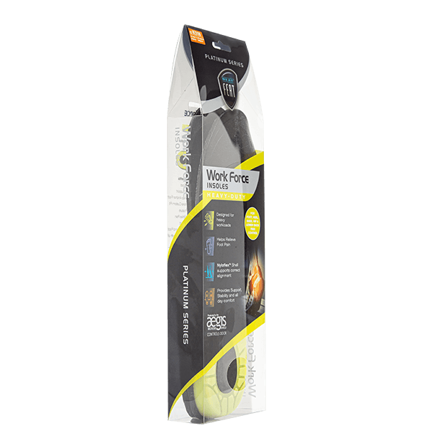 Platinum Series Work Force Insoles in clear, black, and yellow packaging, standing upright at a slight angle. The insoles' black and grey design with the white logo is visible through the packaging, showcasing their durability and comfort features.