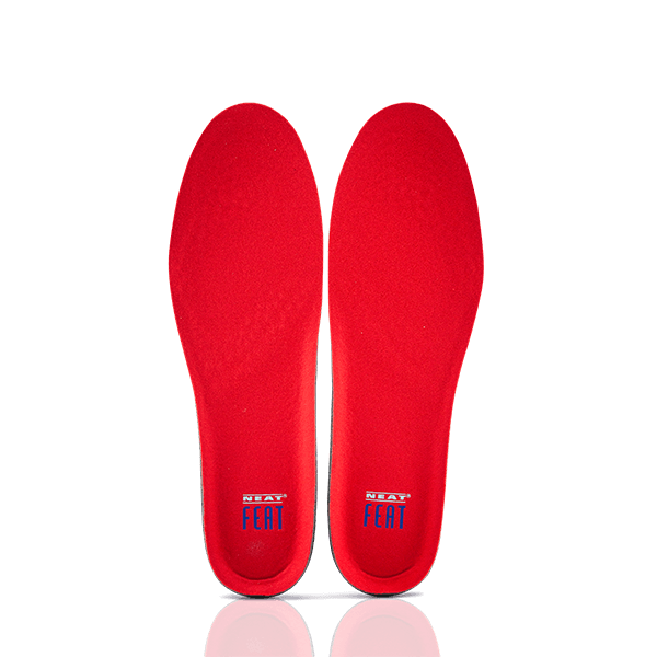 Platinum Sport Active Gel Insoles with Memory Foam in red, both standing upright side by side on their heels. The design highlights the gel cushioning and memory foam for enhanced comfort and support.