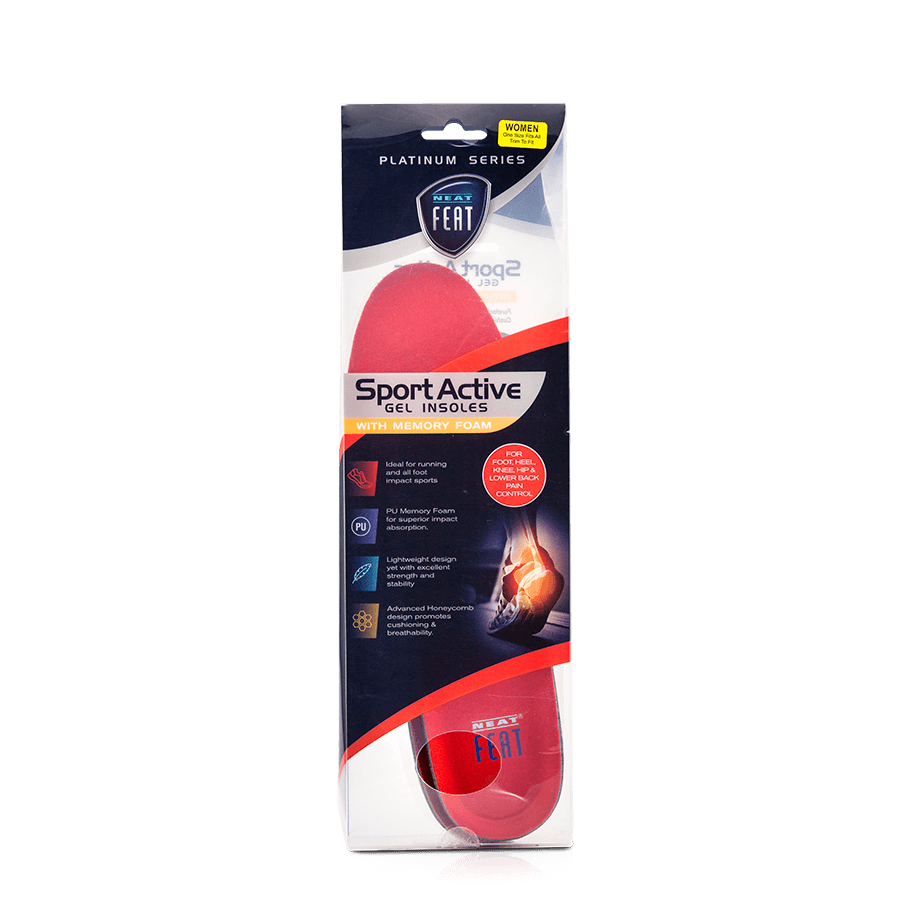 Platinum Sport Active Gel Insoles with Memory Foam, displayed in clear and navy blue packaging. The red insoles are standing upright, showcasing their ergonomic design for all-day comfort and support.