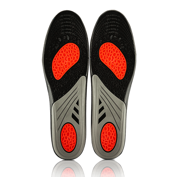 Platinum Sport Active Gel Insoles with Memory Foam, standing upright side by side on their heels, showing the bottoms. The black, grey, and red design is visible, highlighting the gel cushioning and memory foam for optimal comfort and support.