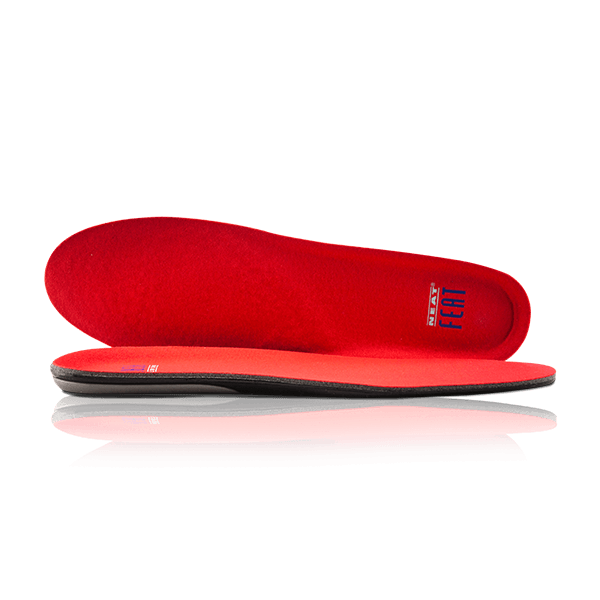 Platinum Sport Active Gel Insoles with Memory Foam in red. One insole is standing upright on its side, while the other lies flat on the floor, highlighting the gel cushioning and memory foam for all-day comfort