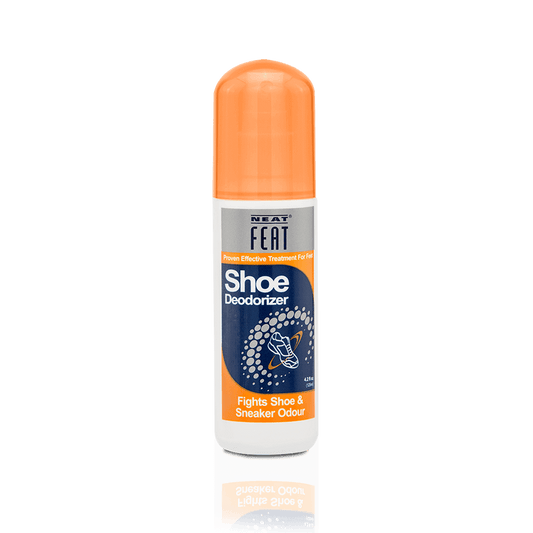 Shoe Deodorizer bottle with orange cap, featuring an orange and blue label. The bottle is designed to eliminate odour on feet, shoes, or socks, promoting freshness and cleanliness.