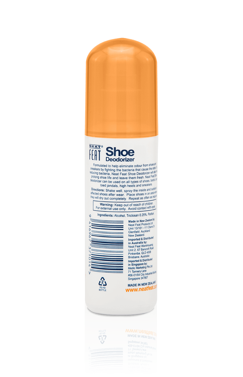 Back of the Shoe Deodorizer bottle, featuring a white background with navy blue text. The label provides instructions and details about the product's odour-eliminating benefits for feet, shoes, or socks.