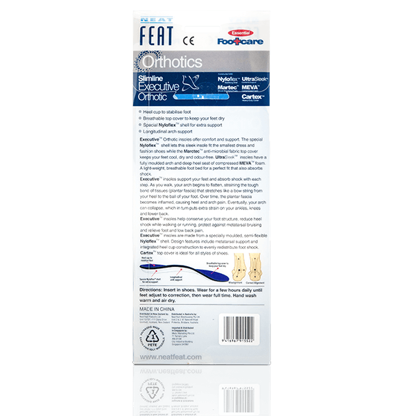 Back of the Slimline Executive Orthotic box, featuring a white background with navy blue text. The box provides details about the product's features and benefits in clear, easy-to-read lettering.