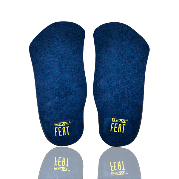 Navy blue Slimline Executive Orthotic insoles with a yellow logo, both standing upright on their backs. The insoles are positioned to highlight their ergonomic, supportive design.