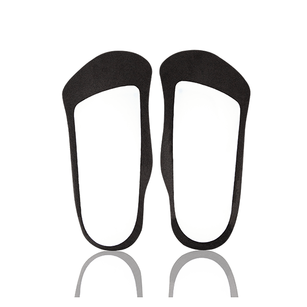Navy blue Slimline Executive Orthotic insoles with a yellow logo, both standing upright on their backs, showing the white and black design on the bottoms. The insoles' ergonomic and supportive features are clearly visible.