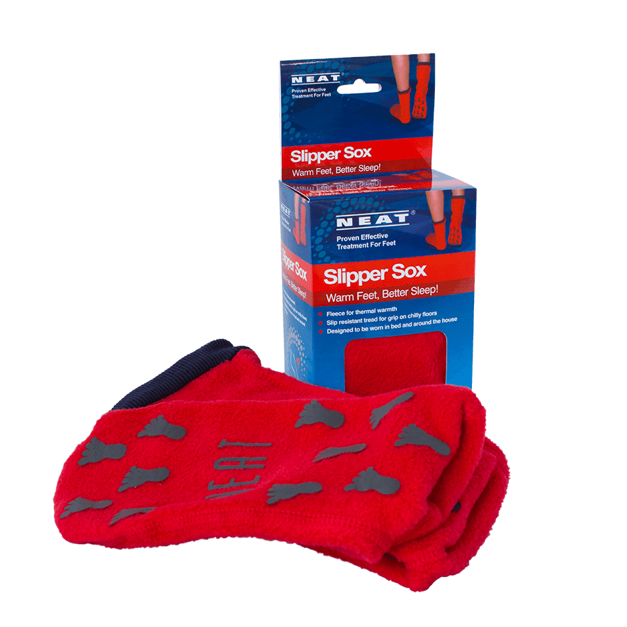 Slipper Sox For Cold Feet in a blue box with red socks inside. The box features an image of a model wearing the socks, with a pair of red socks placed in front, showcasing their warmth and comfort.