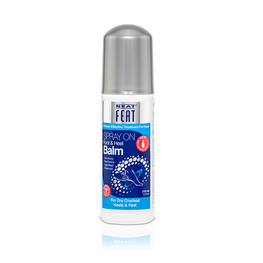Spray On Foot and Heel Balm tube, designed for easy application to feet and heels. The packaging emphasises its moisturising and soothing properties, with clear product information and a simple, clean design.