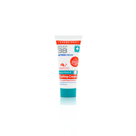 Neat 3B Action Cream 75g tube with a white, red, and duck egg blue design, formulated to prevent sweat and chafing.