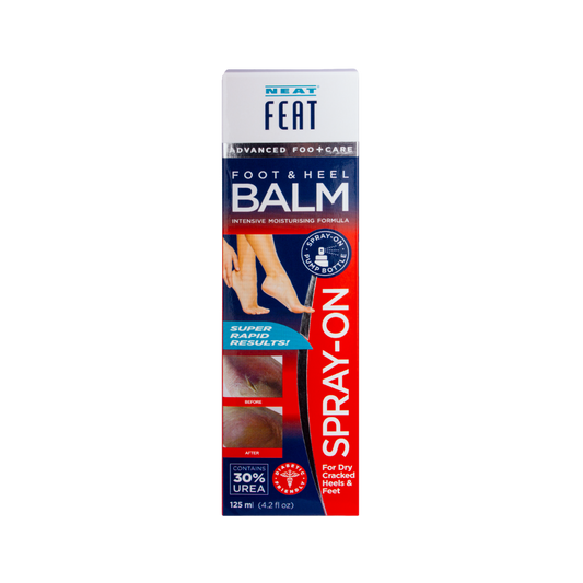 Box of Spray On Foot and Heel Balm, featuring a before-and-after image. The packaging highlights its moisturising and soothing benefits for feet and heels, with clear product information and a clean, simple design.