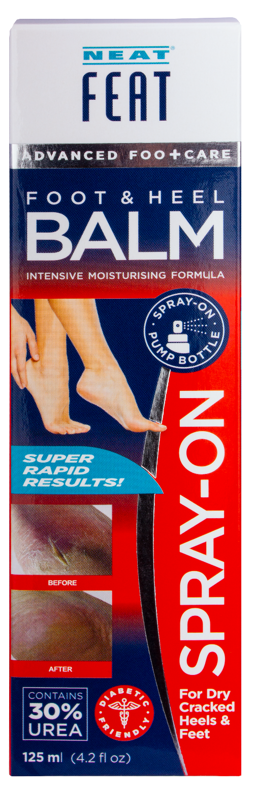 Box of Spray On Foot and Heel Balm, featuring a before-and-after image. The packaging highlights its moisturising and soothing benefits for feet and heels, with clear product information and a clean, simple design.