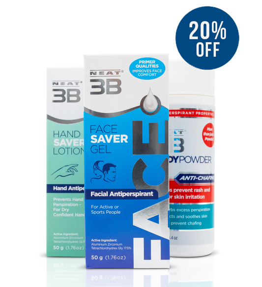 Neat Feat No Sweat Bundle. Products displayed side by side with Face Saver slightly in front.