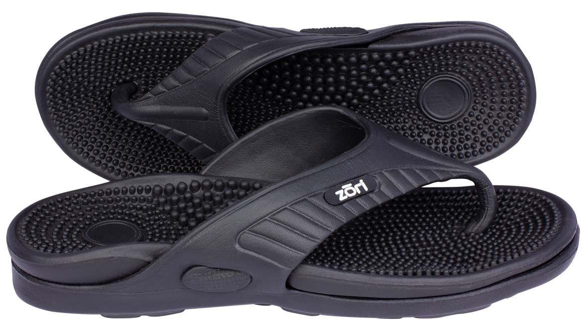 Black sandals with textured soles on a clearbackground