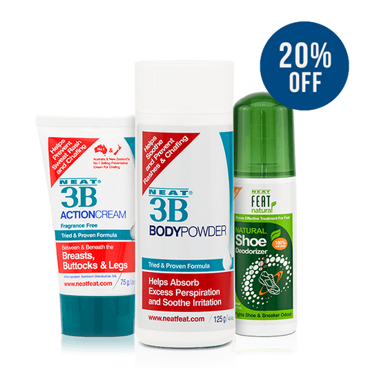 Neat Feat Active Life Bundle, featuring Neat Feat Natural Shoe Deodoriser, Neat Feat 3B Body Powder, and Neat 3B Action Cream. The three products are displayed side by side with a 20% off blue sticker in the top right corner.