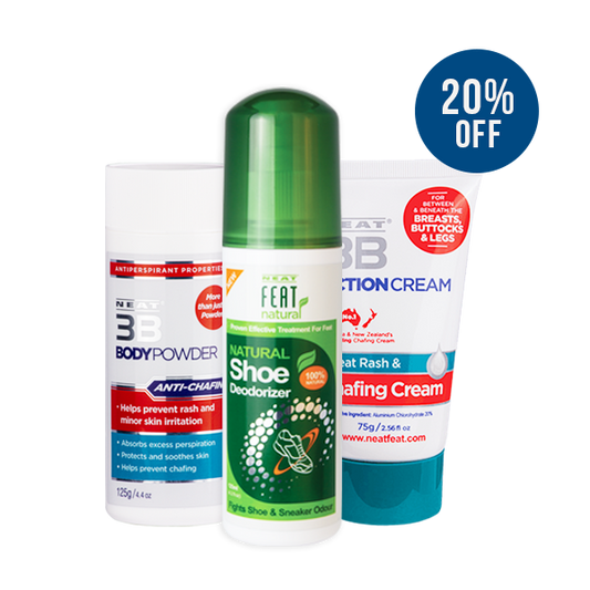 A collection of personal care products including a bottle of Neat Feat Natural Shoe Deodorizer, a tube of Neat 3B Body Powder, and a tube of Neat 3B Action Cream, all with promotional tags 20% OFF.