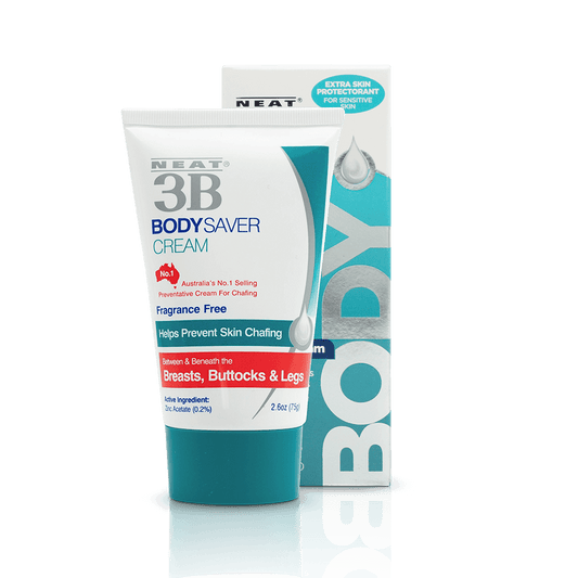 Neat Bodysaver Cream tube and box, featuring a mostly white design with a duck blue lid and accents, offering skin hydration and relief.