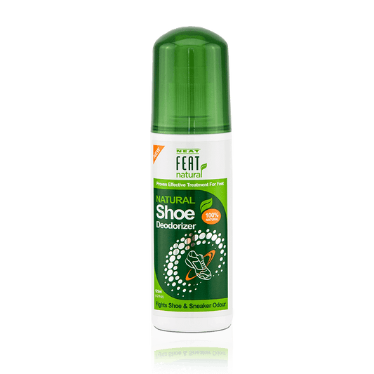 Neat Feat Natural Shoe Deodorizer with a white bottle, green label, and green cap, designed to eliminate odours and freshen shoes naturally.