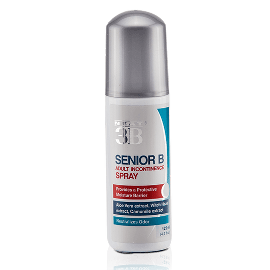 Neat Senior B Incontinence Spray white bottle with a silver cap, designed for odour control and freshness.